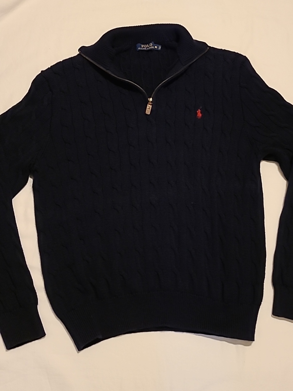 POLO Ralph Lauren Cable Knit Sweater XL, Quarter Zip, Navy, Cotton Pullover - Picture 3 of 16